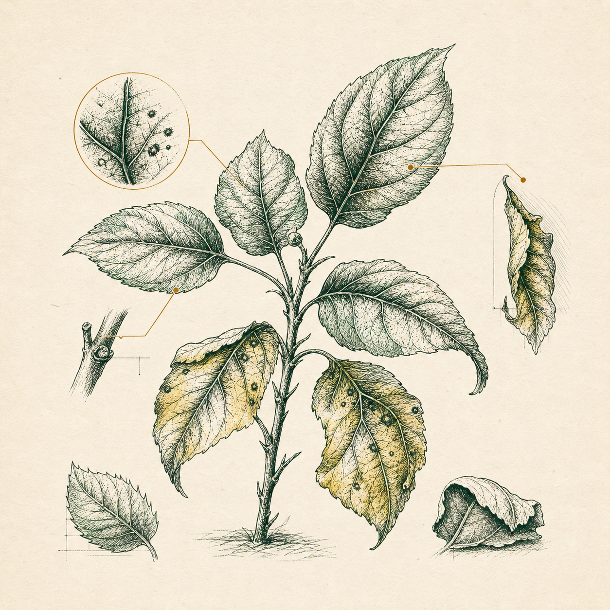 Annotated leaf study with symptom markings