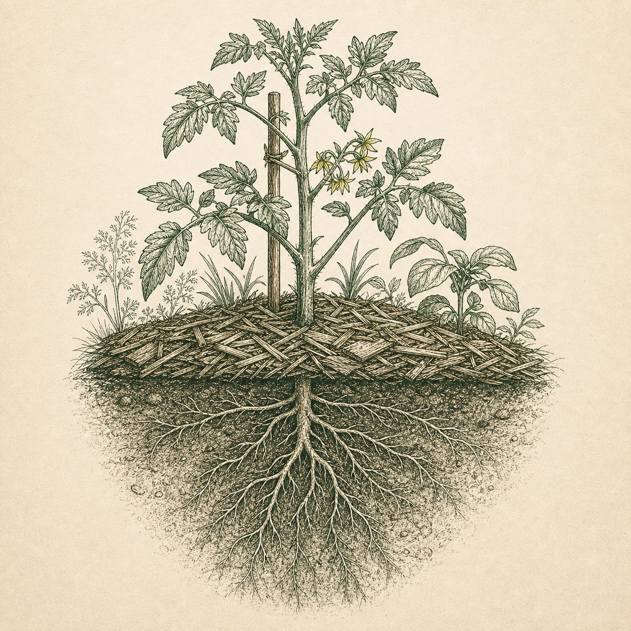 Healthy roots and protected plant base field sketch