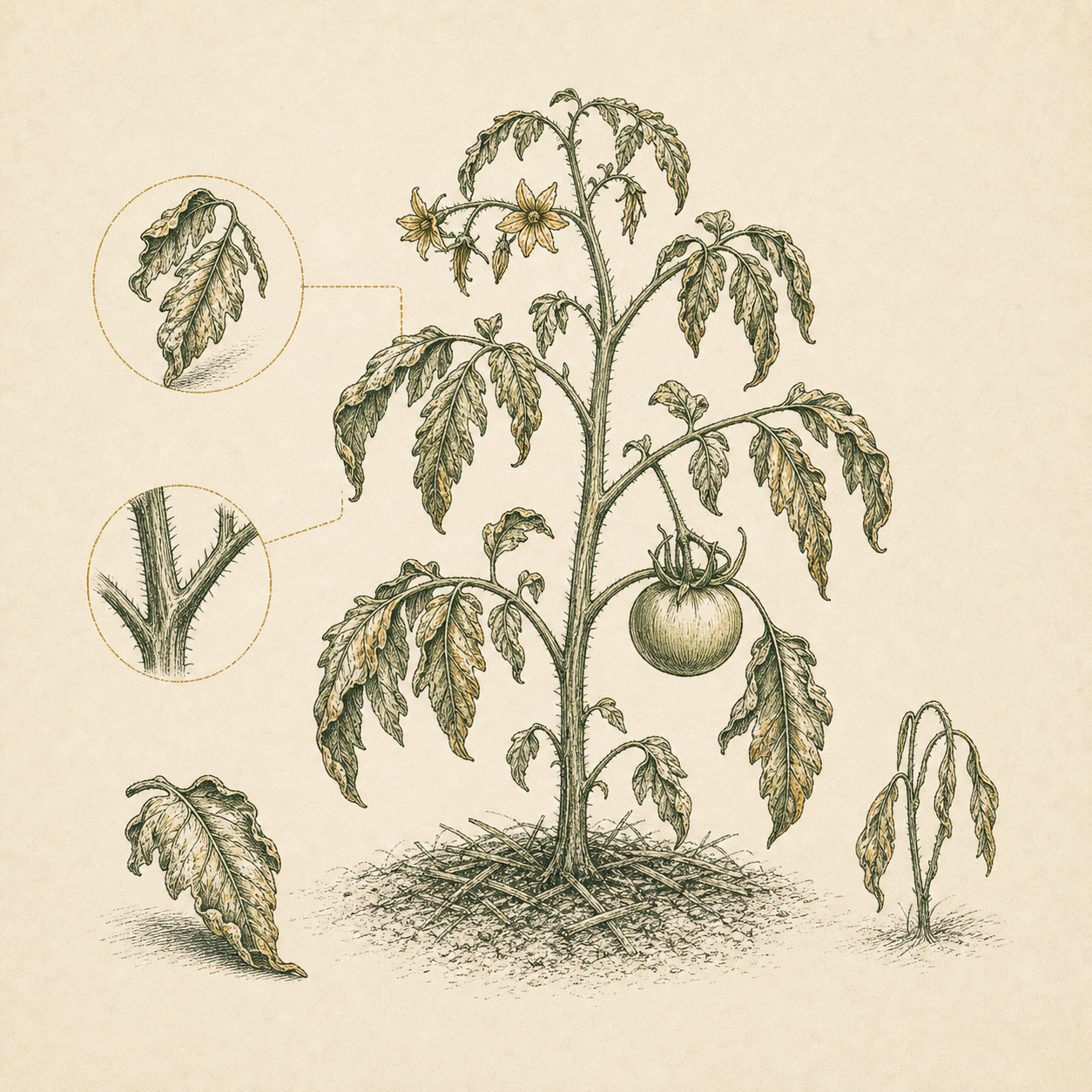 Botanical field illustration of tomato heat stress symptoms